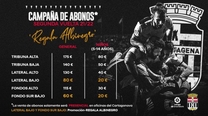 El Cartagena abre la campaña de abonos para la segunda vuelta de LaLiga ¡Regala albinegro! 1 El Cartagena abre la campaña de abonos para la segunda vuelta de LaLiga ¡Regala albinegro!