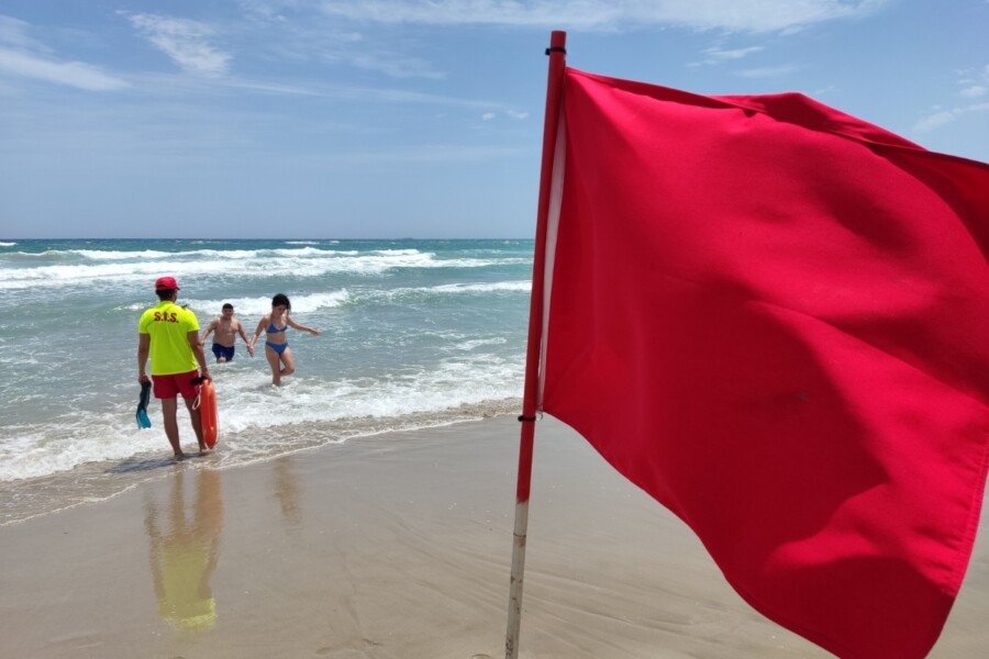  Imagen de archivo de un socorrista ordenando a unos ba�istas que salgan del agua en una playa de La Manga con bandera roja.